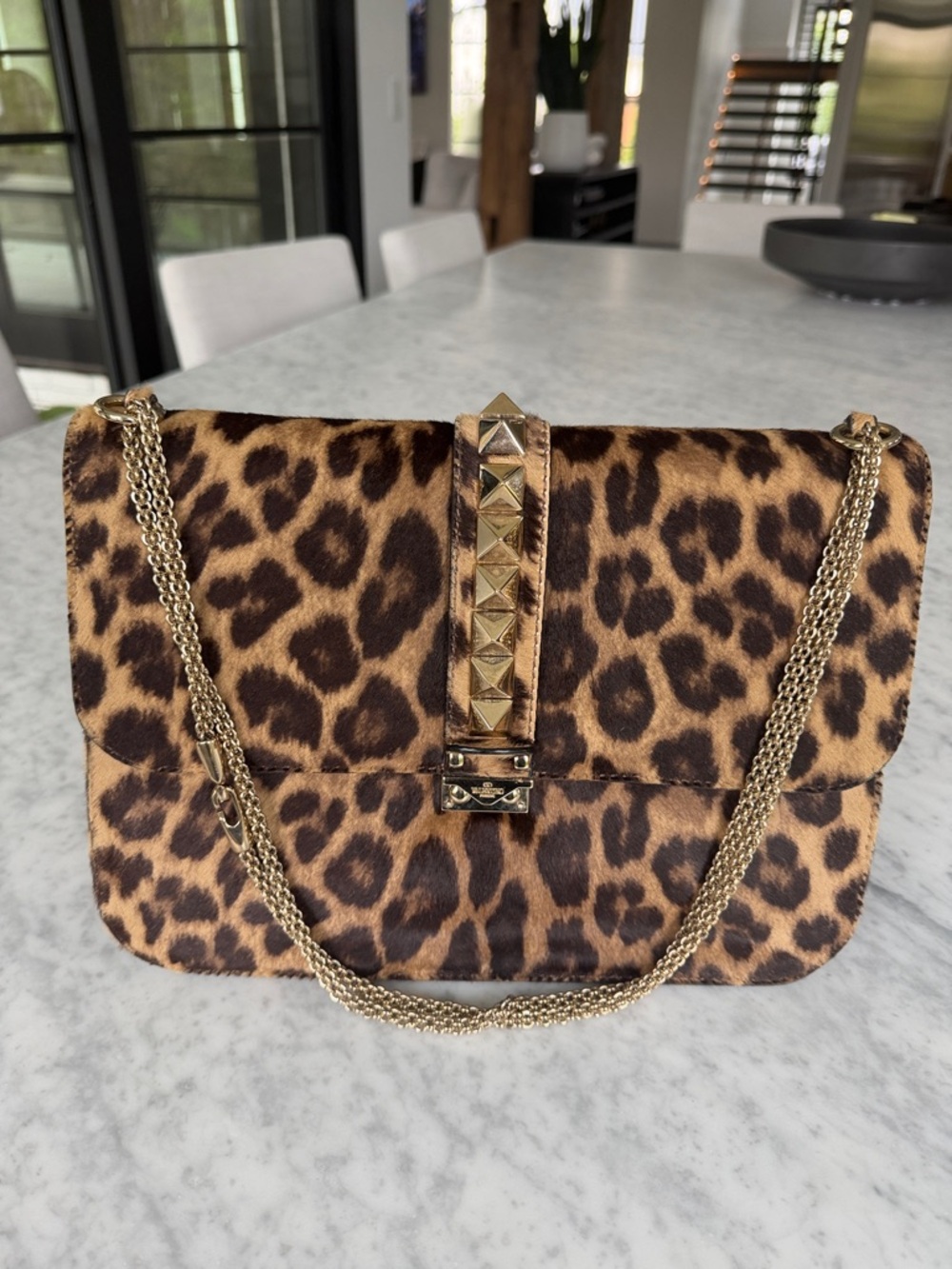 Valentino Rock Stud Leopard Print Shoulder Bag with Gold Chain and Studs
